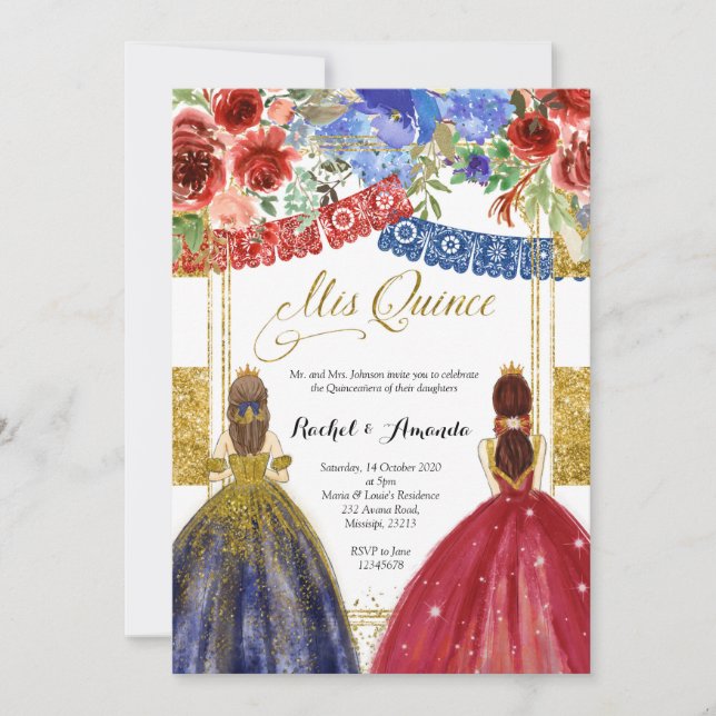 Invitation élégante pour jumelles Quinceañera Flor (Devant)