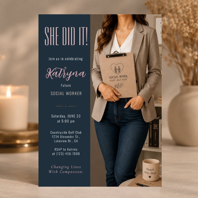 Invitation élégante pour la célébration d'un trava (Elegant social worker graduation invitation with a warm editorial and compassionate aesthetic ✨)