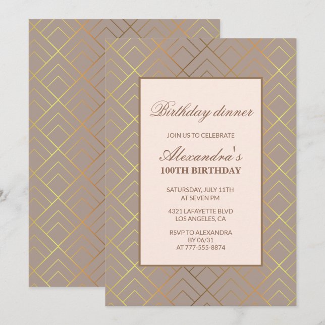 Invitation élégante pour les 100 ans dîner d'anniv (Devant / Derrière)