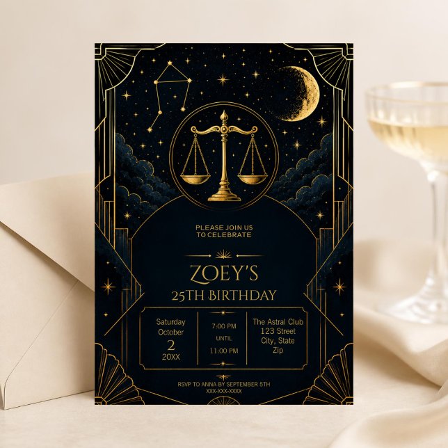 Invitation élégante pour les 25 ans de la Balance  (Elegant Libra 25th birthday invitation with black gold celestial stars and Art Deco details.)