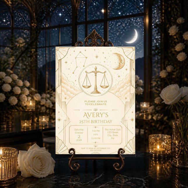 Invitation élégante pour les 25 ans de la Balance  (Elegant Libra 25th birthday invitation with celestial stars, gold scales and Art Deco style.)