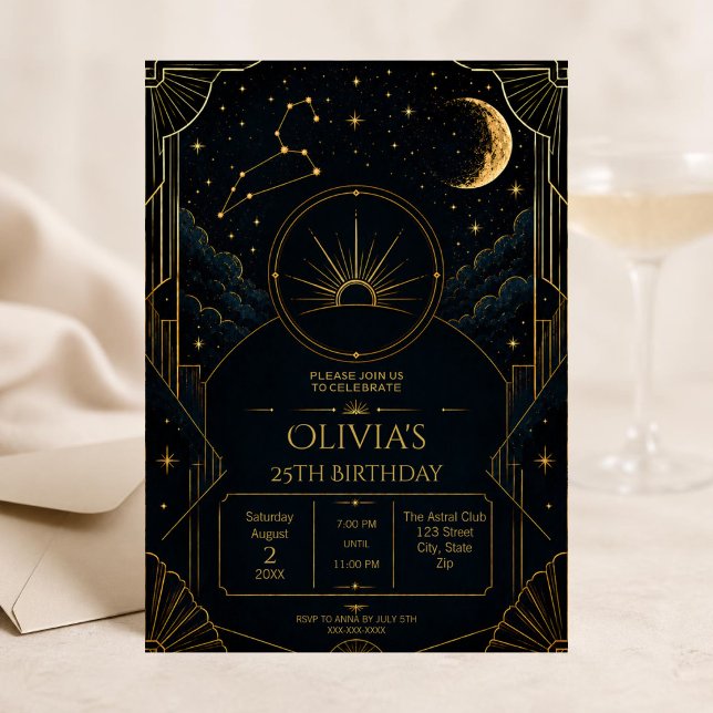 Invitation élégante pour les 25 ans de Leo | Noir  (Glamorous Leo 25th birthday invitation with black gold stars, zodiac art and Art Deco style.)