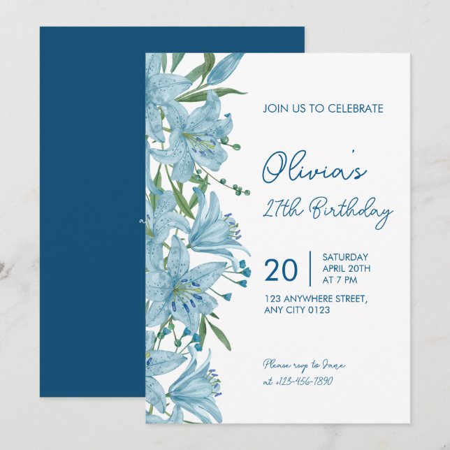 Invitation élégante pour les 27 ans avec lys bleu (Devant / Derrière)