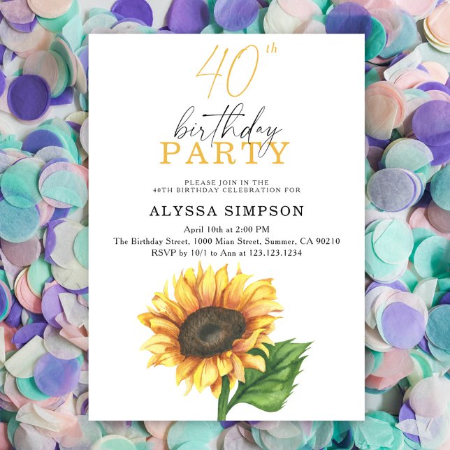 Invitation élégante pour les 40 ans avec Tournesol (Créateur téléchargé)