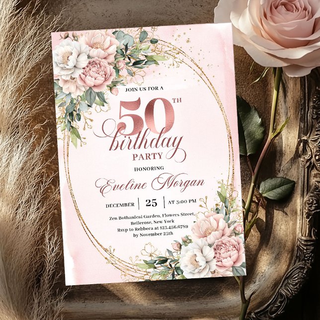Invitation élégante pour les 50 ans avec des fleur (Graceful Rose Gold Floral 50th Birthday Invite)