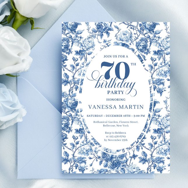 Invitation élégante pour les 70 ans de Navy Roses (French toile de jouy flowers,
Luxurious navy roses 70TH birthday,
dusty Blue flowers botanical garde)