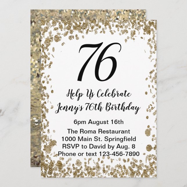 Invitation élégante pour les 76 ans en noir et or (Devant / Derrière)