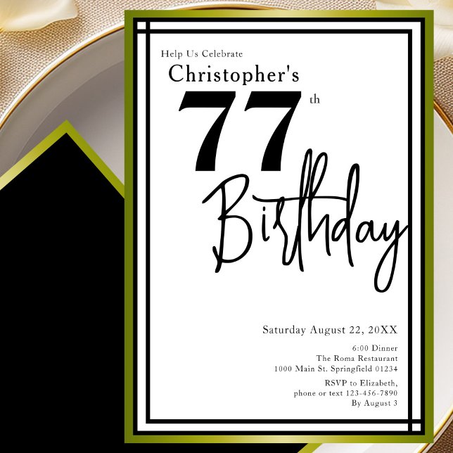 Invitation élégante pour les 77 ans en noir et or  (Créateur téléchargé)