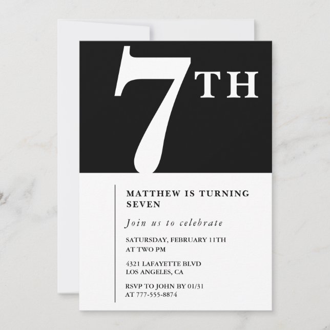 Invitation élégante pour les 7 ans garçon chic noi (Devant)