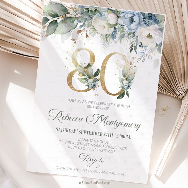 Invitation élégante pour les 80 ans (80th birthday invitation, editable sage green invitation, elegant floral design,  year old brunch, 8)