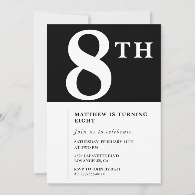 Invitation élégante pour les 8 ans garçon chic noi (Devant)