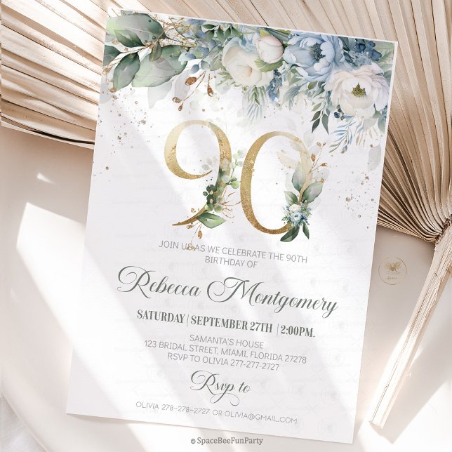 Invitation élégante pour les 90 ans (90th birthday invitation, editable sage green invitation, elegant floral design,  year old brunch, 9)