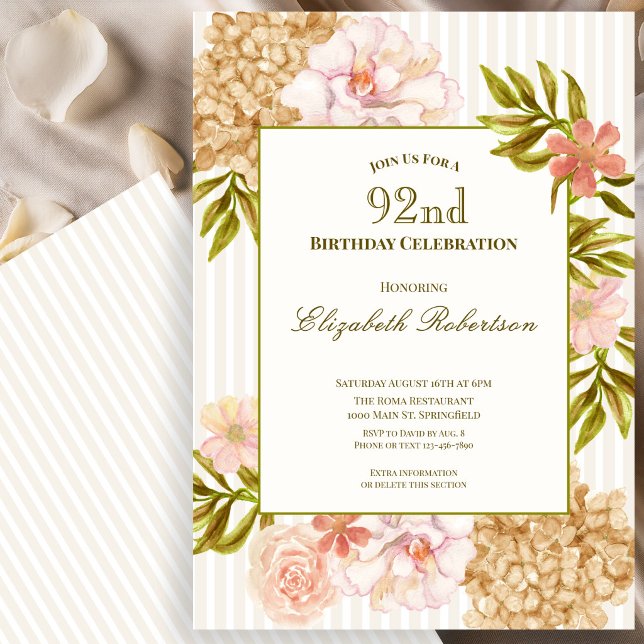 Invitation élégante pour les 92 ans avec des fleur (Créateur téléchargé)