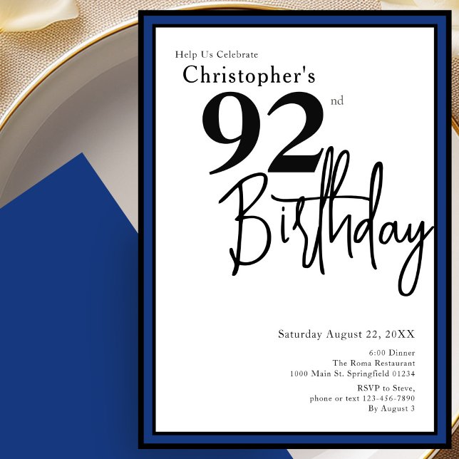 Invitation élégante pour les 92 ans en noir et ble (Créateur téléchargé)