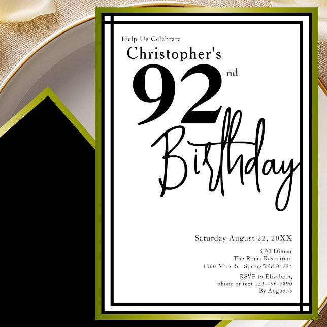 Invitation élégante pour les 92 ans en noir et or  (Créateur téléchargé)