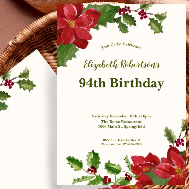 Invitation élégante pour les 94 ans avec motifs fl (Créateur téléchargé)