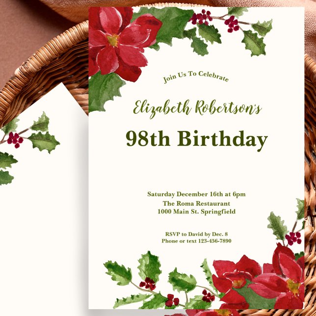 Invitation élégante pour les 98 ans avec motifs fl (Créateur téléchargé)
