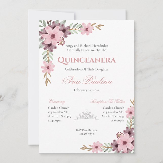 Invitation élégante pour Quinceañera à fleurs rose (Devant)