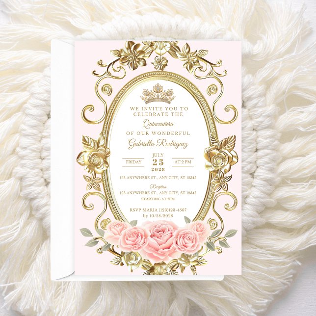 Invitation élégante pour Quinceañera Fleur rose (Créateur téléchargé)