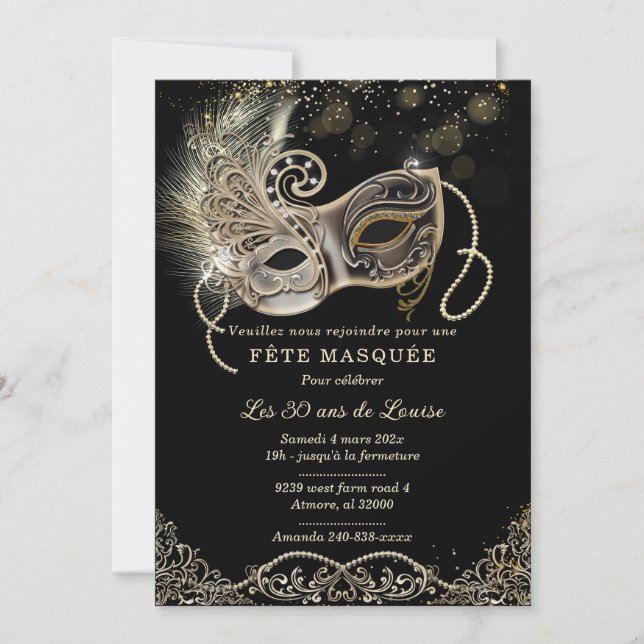 Invitation Elégante Pour Soirée Masquée Anniversaire (Devant)