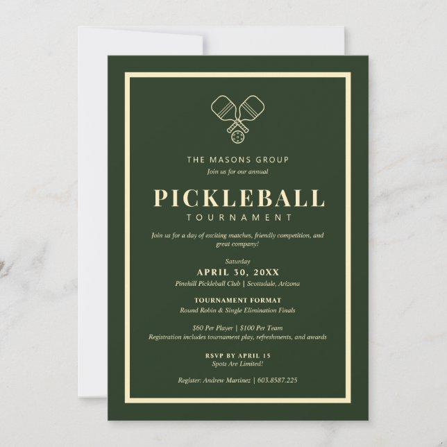 Invitation élégante pour tournoi de Pickleball (Devant)