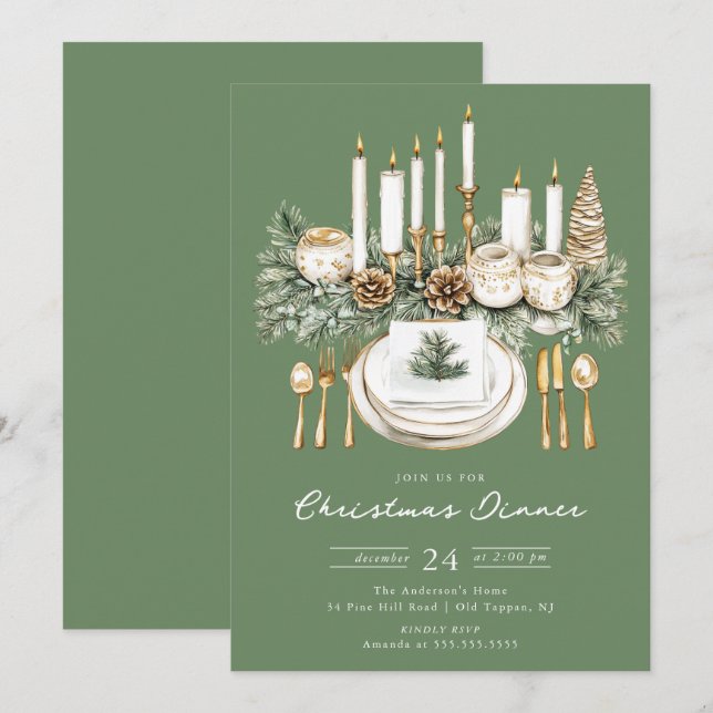 Invitation élégante pour un dîner de Noël à la lum (Devant / Derrière)