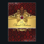 Invitation élégante pour un Sweet Sixteen en rouge<br><div class="desc">Bijou rouge élégant et damassé avec une tiare et un nœud en or scintillant. Plus de couleurs disponibles dans la boutique Little Bayleigh.</div>