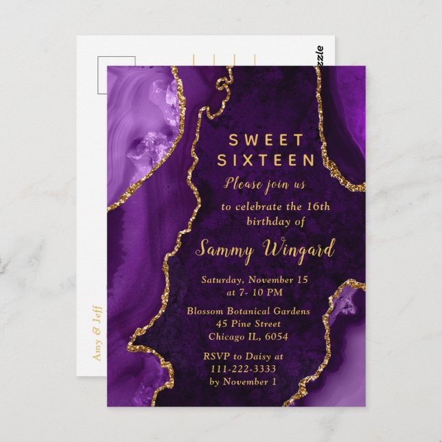 Invitation élégante pour un Sweet Sixteen Violet e (Devant / Derrière)