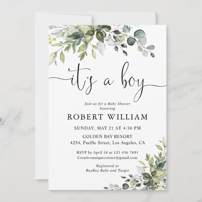 Invitation élégante pour une baby shower Eucalyptu (Devant)