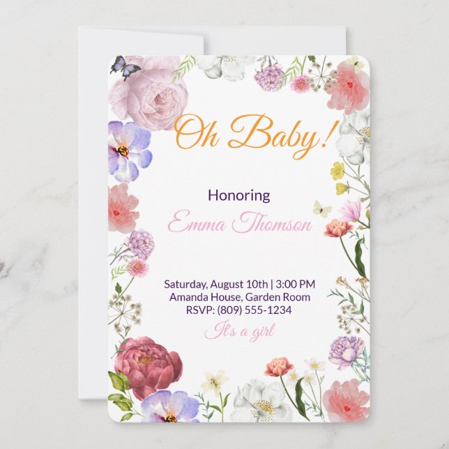 Invitation élégante pour une baby shower florale – (Devant)