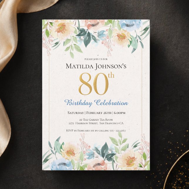 Invitation élégante pour une fête d'anniversaire d (Elegant Floral 80th Birthday Party Invitation)