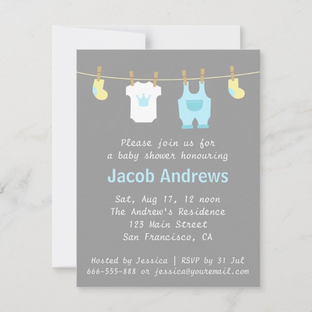 Invitation élégante pour une fête de bébé garçon,  (Devant)