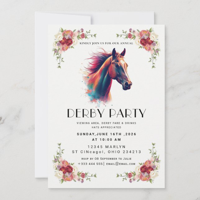 Invitation élégante pour une fête de courses de ch (Devant)
