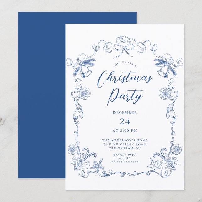 Invitation élégante pour une fête de Noël bleue (Devant / Derrière)