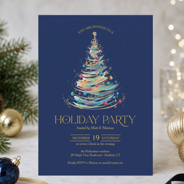 Invitation élégante pour une fête de Noël sous le  (chic elegant blue and gold christmas party invitation with colorful tree and beautiful typography)