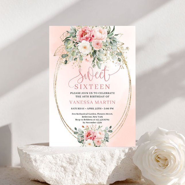 Invitation élégante pour une princesse rose pour u (Elegant Princess Blush Floral Sweet Sixteen Invite)