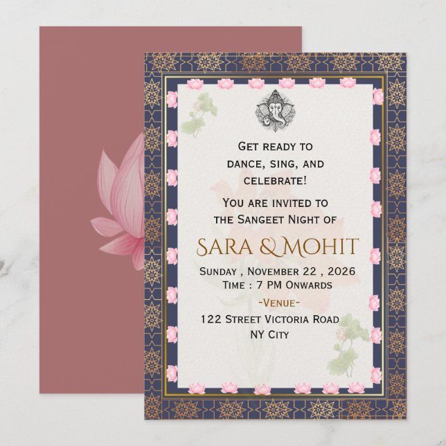 Invitation élégante pour une soirée de Sangeet ind (Devant / Derrière)