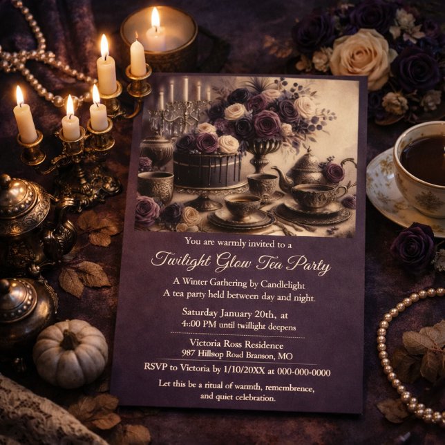 Invitation élégante pour une soirée de thé hiverna (Moody winter tea invite styled on a velvet backdrop with candles for an editorial look )