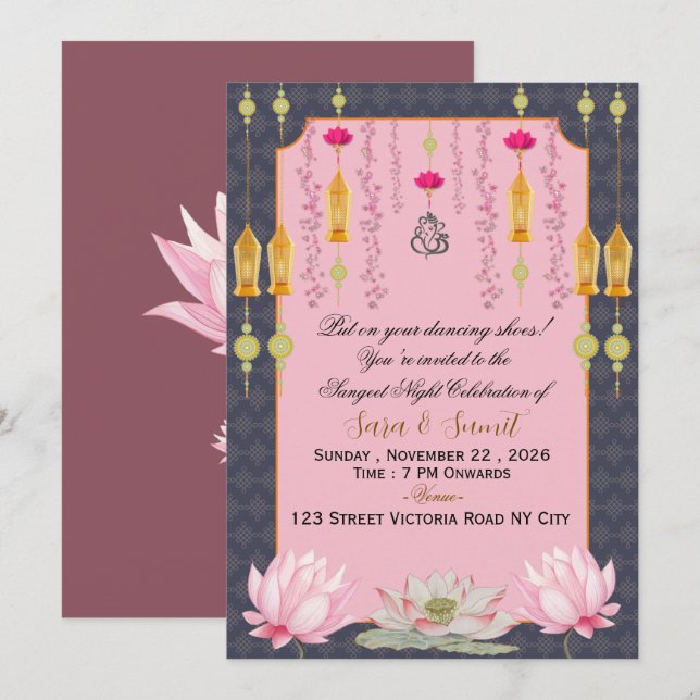 Invitation élégante pour une soirée Sangeet de mar (Devant / Derrière)