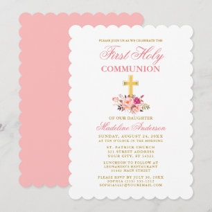 Invitation Elégante première communion aquarelle Floral rose