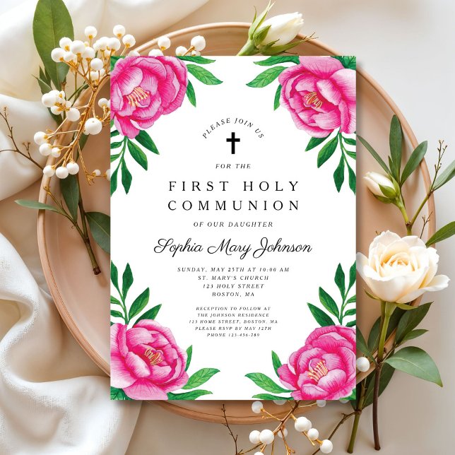 Invitation Élégante première communion florale rose (Elegant Pink Floral First Communion Invitation)