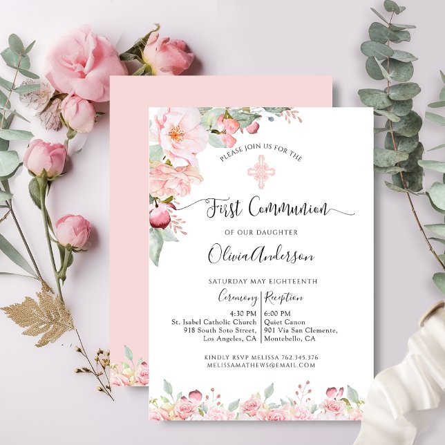 Invitation Élégante première communion rose et florale de men (Créateur téléchargé)