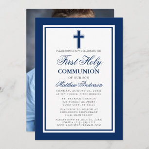 Invitation Élégante première sainte communion bleu argent pho