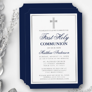 Invitation Élégante Première Sainte Communion Bleu et Argent
