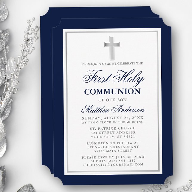 Invitation Élégante Première Sainte Communion Bleu et Argent (Customize to change text size, style, color or to add more text or photos to back of card.)