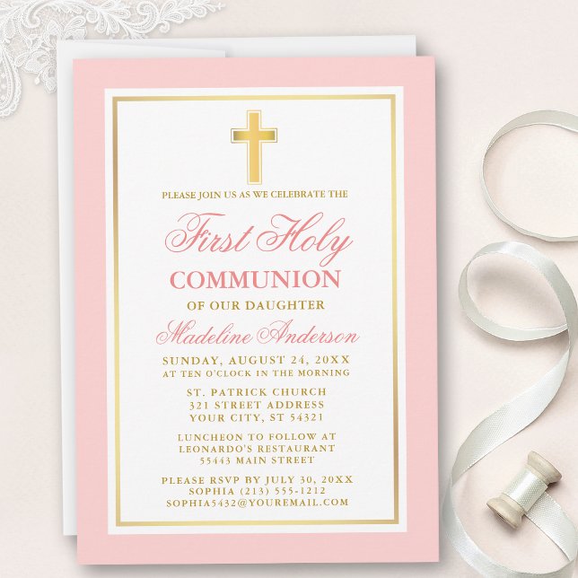 Invitation Élégante Première Sainte Communion Or rose (Customize to change text size, style, color or to add more text or photos to back of card.)