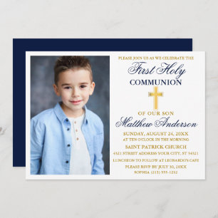 Invitation Élégante Première Sainte Communion Photo Blue Gold