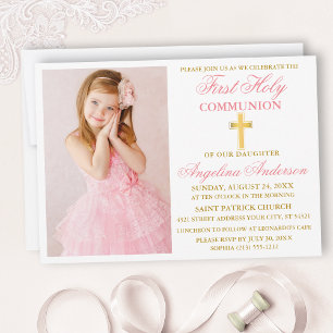 Invitation Élégante Première Sainte Communion Photo rose et o