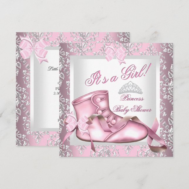 Invitation Élégante Princesse Baby shower fille rose Damas 4E (Devant / Derrière)