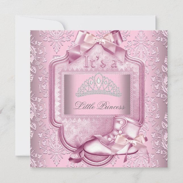 Invitation Élégante Princesse Baby shower fille rose Damas Ch (Devant)